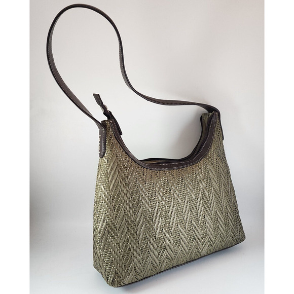 Stone Mountain Green Leather Weaved Straw Look Purse Shoulder Handbag - Picture 13 of 14